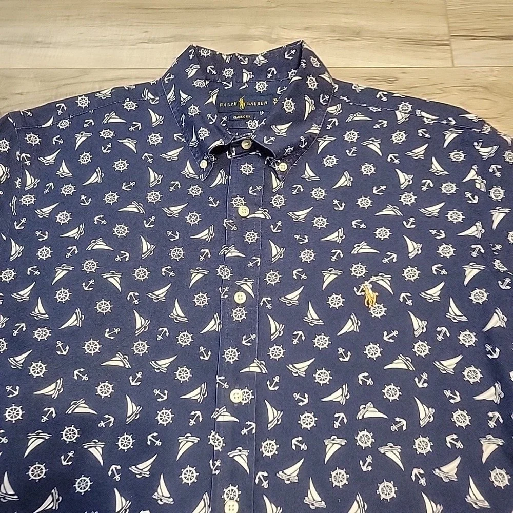 Polo Ralph Lauren Shirt‎ Mens XL Blue Classic Allover Geometric Anchor Sailboat